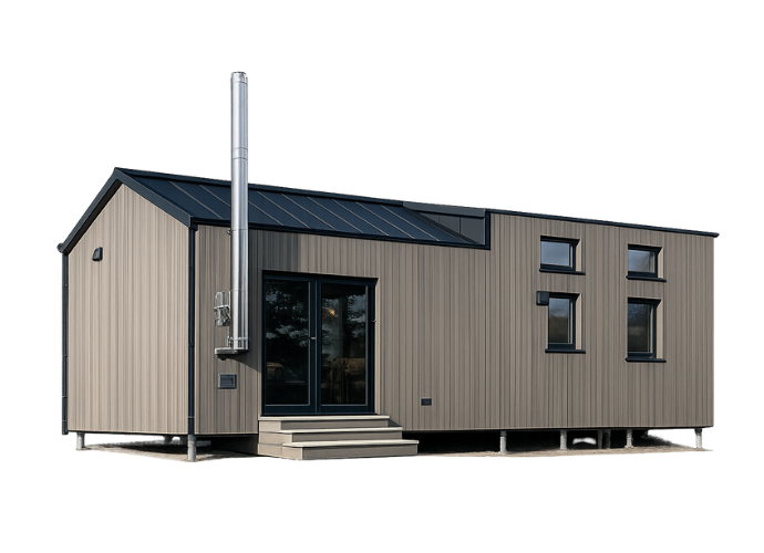 Rechteckiges, modernes Tiny House mit vertikaler Holzverkleidung, drei Fenstern und einer Glastür mit Stufen davor